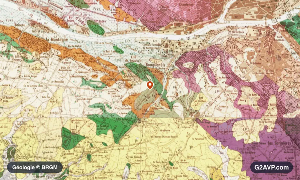 Carte géologique BRGM au 1/50 000 du secteur de Bouguenais : sables en formations dominantes, repère au centre de la commune