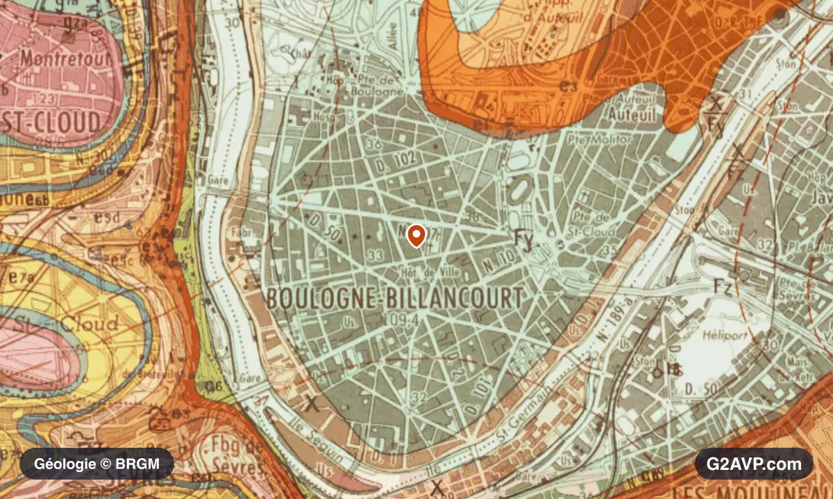Carte géologique BRGM au 1/50 000 du secteur de Boulogne-Billancourt : calcaires, marnes et gypse en formations dominantes, repère au centre de la commune