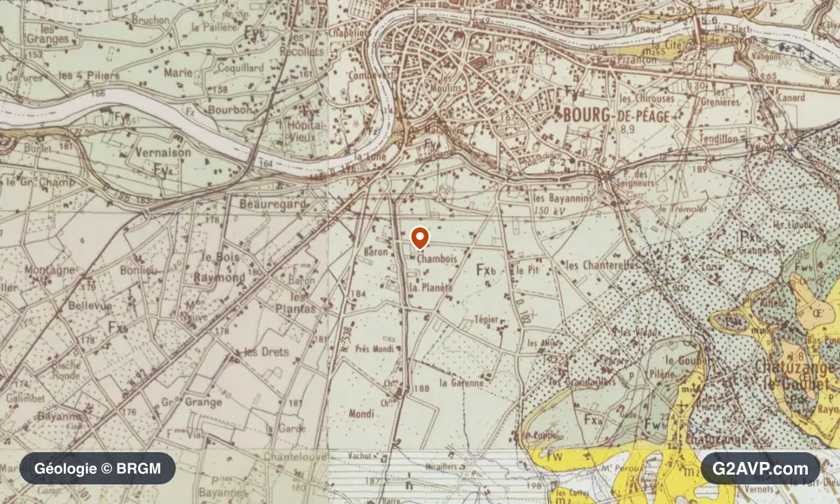 Carte géologique BRGM au 1/50 000 du secteur de Bourg-de-Péage : argiles en formations dominantes, repère au centre de la commune