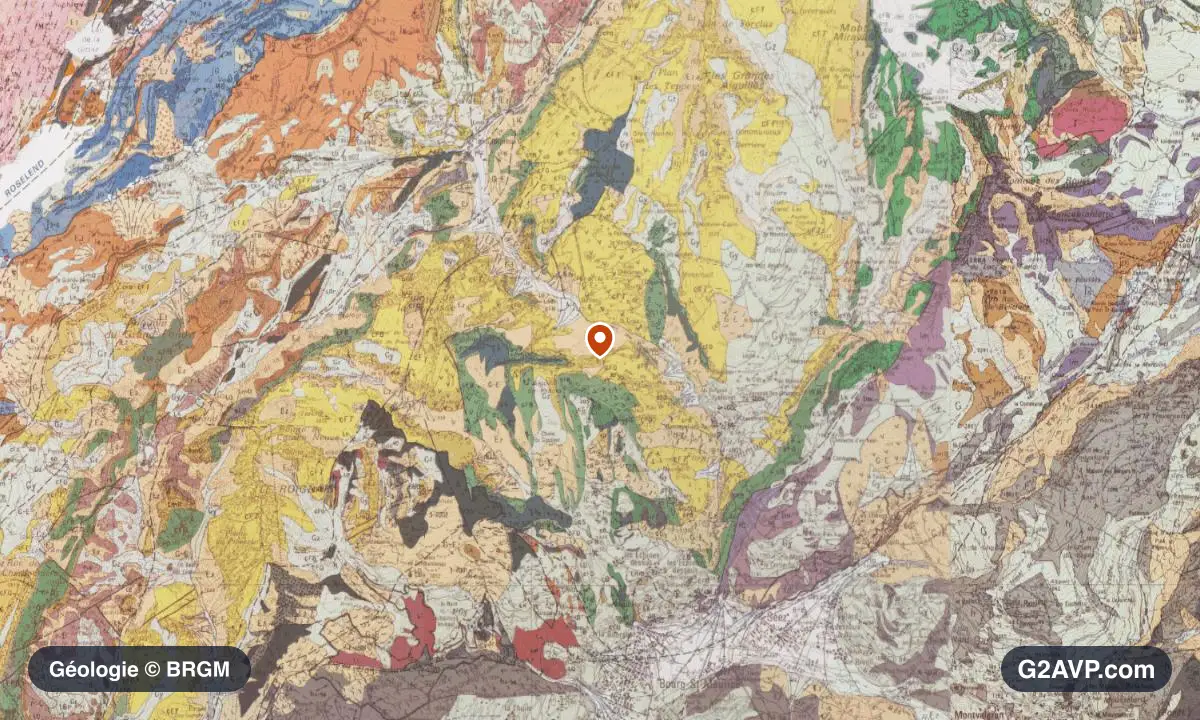 Carte géologique BRGM au 1/50 000 du secteur de Bourg-Saint-Maurice : schistes et grès en formations dominantes, repère au centre de la commune