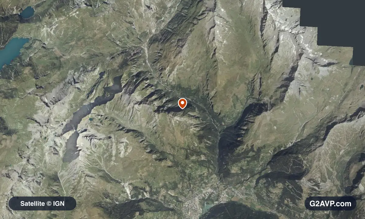 Vue satellite (orthophoto IGN) du secteur de Bourg-Saint-Maurice, même emprise que la carte géologique