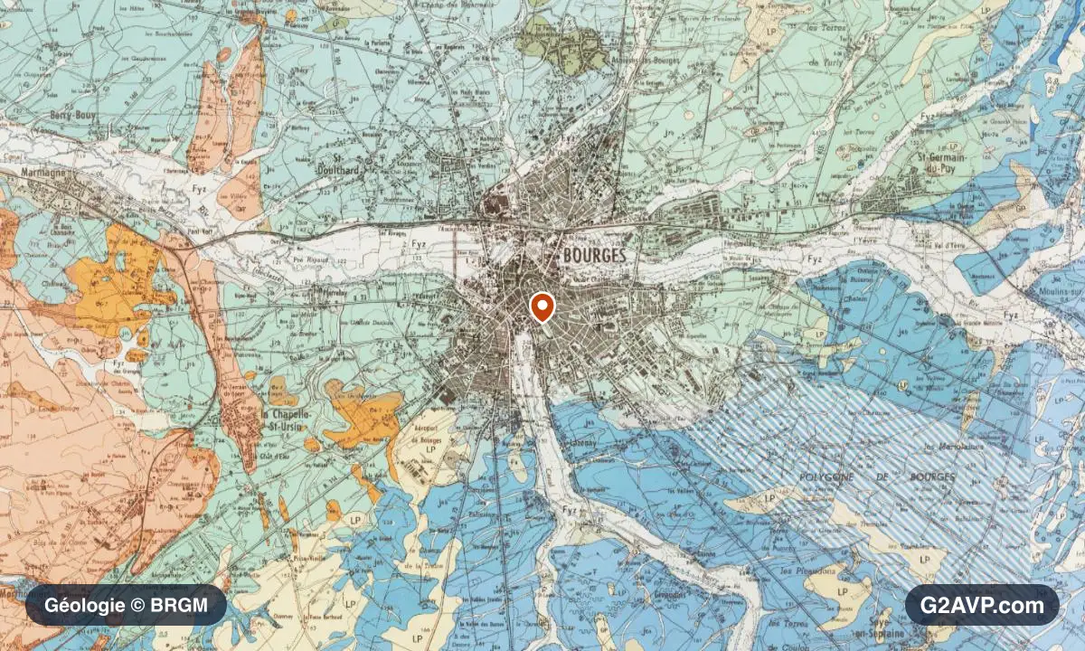 Carte géologique BRGM au 1/50 000 du secteur de Bourges : calcaires, marnes et gypse en formations dominantes, repère au centre de la commune