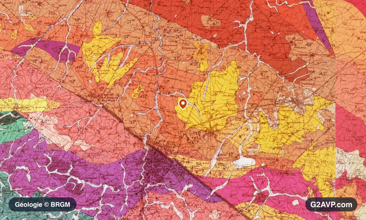 Carte géologique BRGM au 1/50 000 du secteur de Bressuire : granites en formations dominantes, repère au centre de la commune