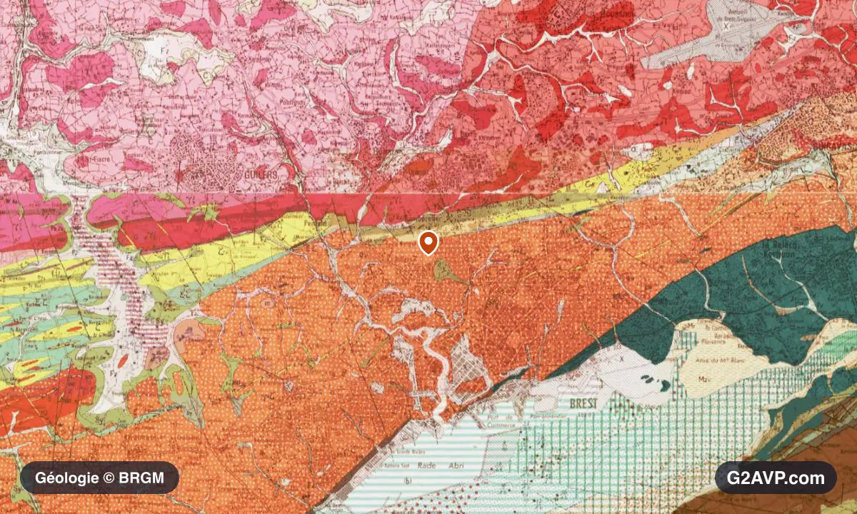 Carte géologique BRGM au 1/50 000 du secteur de Brest : gneiss en formations dominantes, repère au centre de la commune