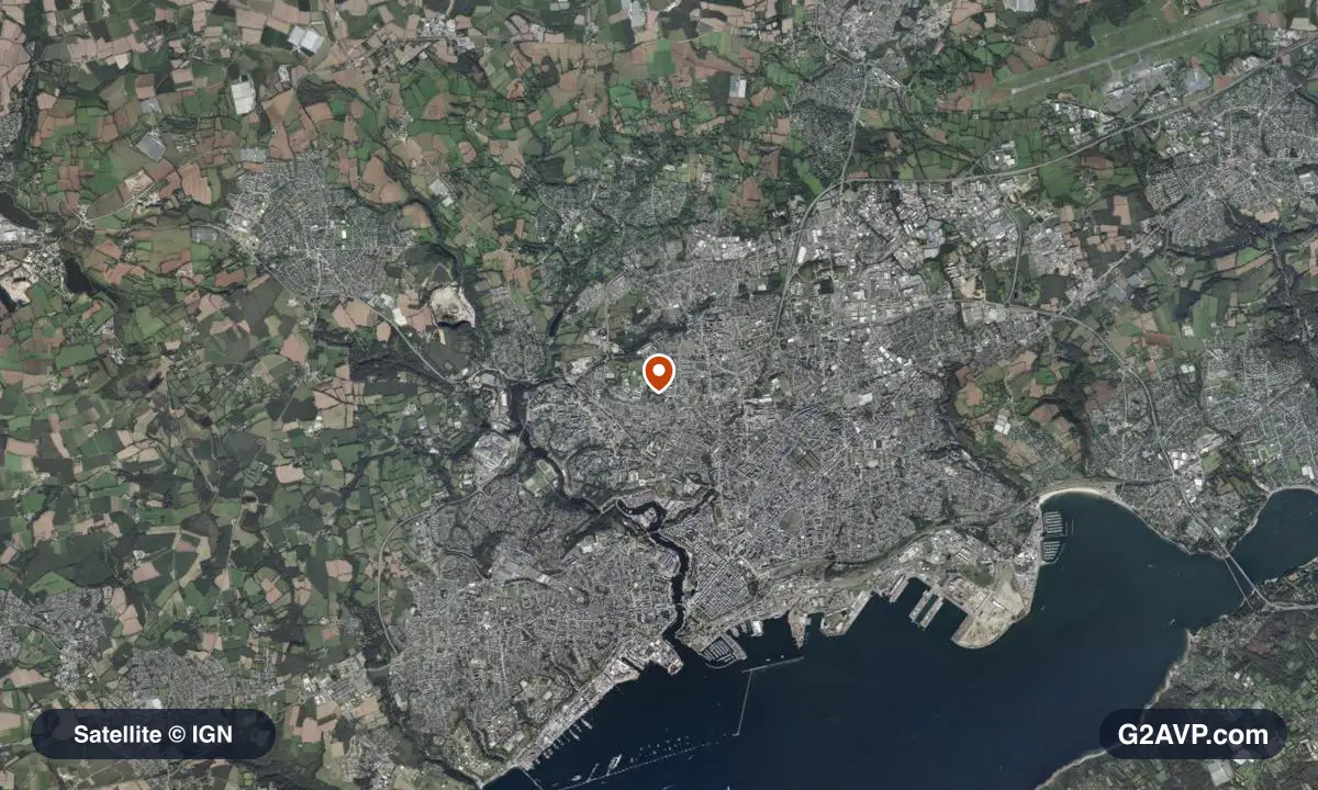 Vue satellite (orthophoto IGN) du secteur de Brest, même emprise que la carte géologique