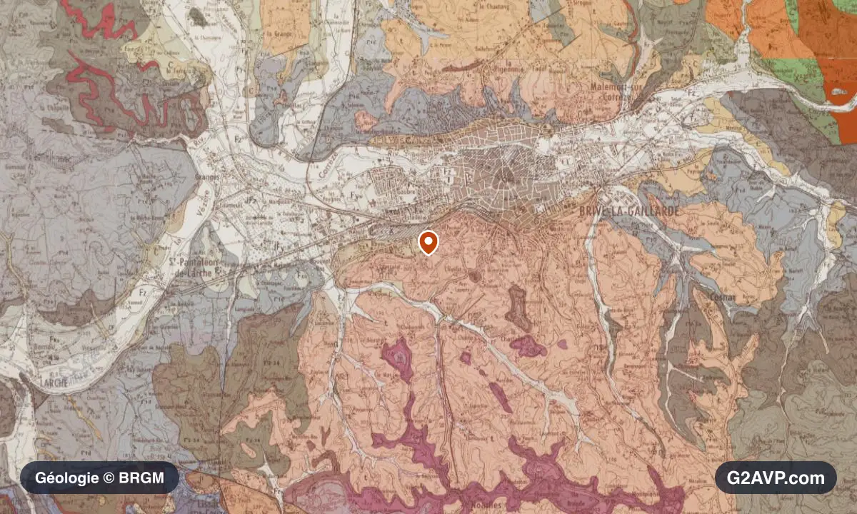 Carte géologique BRGM au 1/50 000 du secteur de Brive-la-Gaillarde : grès en formations dominantes, repère au centre de la commune