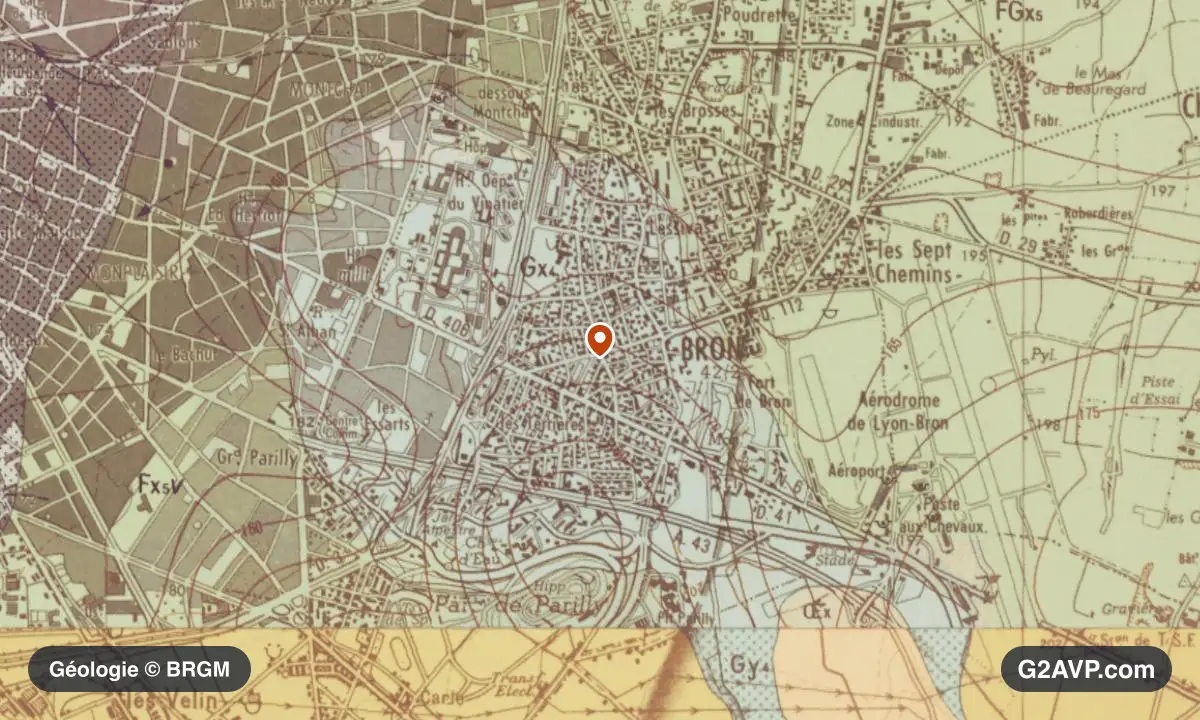 Carte géologique BRGM au 1/50 000 du secteur de Bron : argiles en formations dominantes, repère au centre de la commune