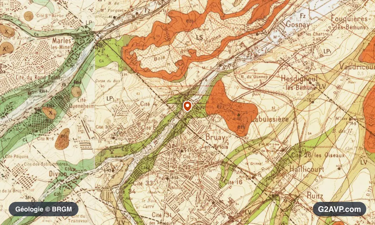 Carte géologique BRGM au 1/50 000 du secteur de Bruay-la-Buissière : argiles en formations dominantes, repère au centre de la commune