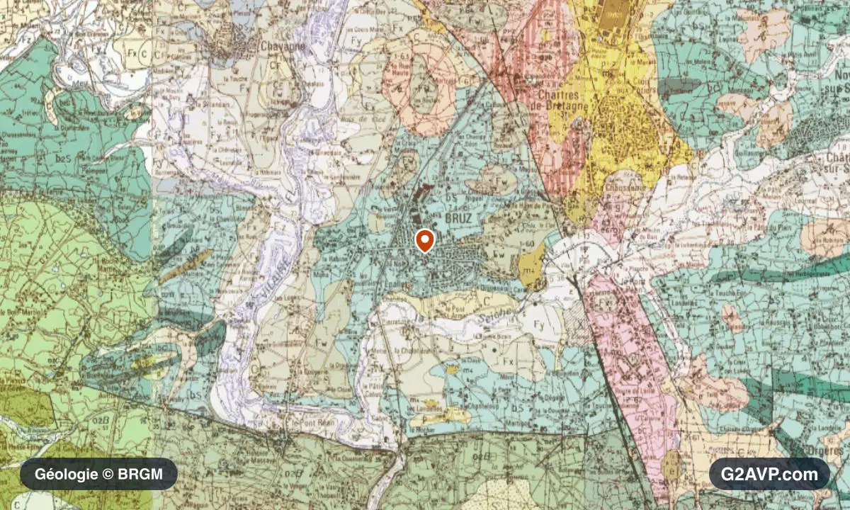Carte géologique BRGM au 1/50 000 du secteur de Bruz : schistes et grès en formations dominantes, repère au centre de la commune