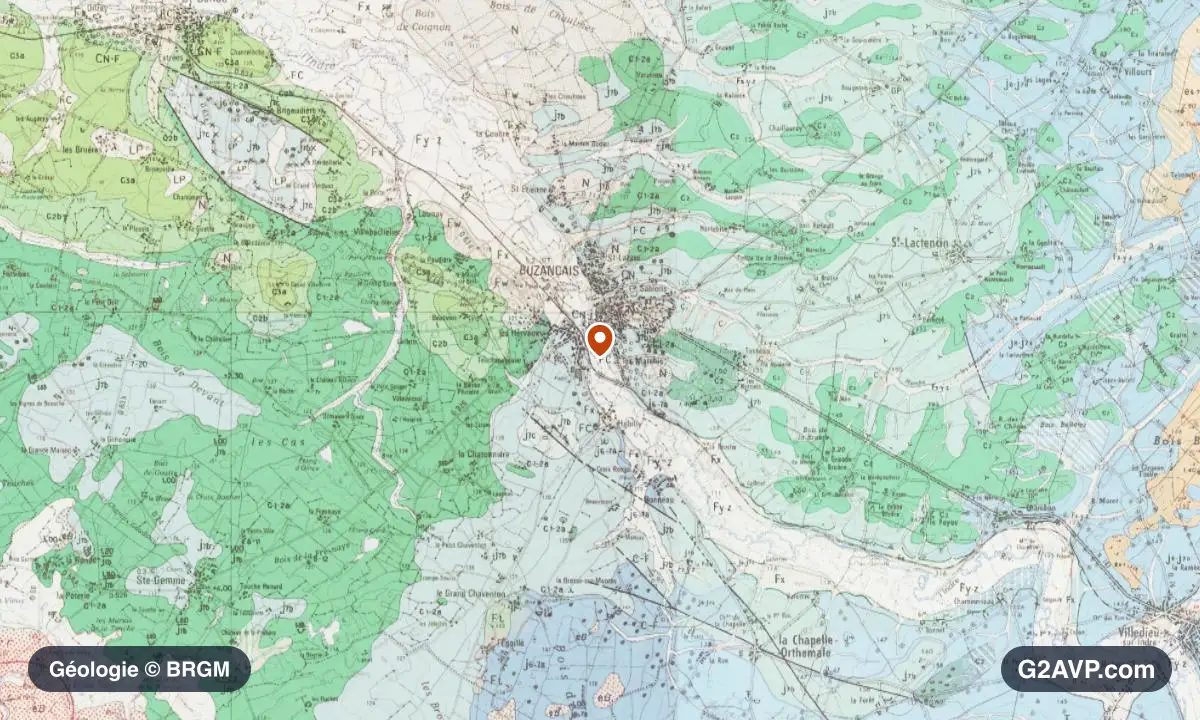 Carte géologique BRGM au 1/50 000 du secteur de Buzançais : calcaires, marnes et gypse en formations dominantes, repère au centre de la commune