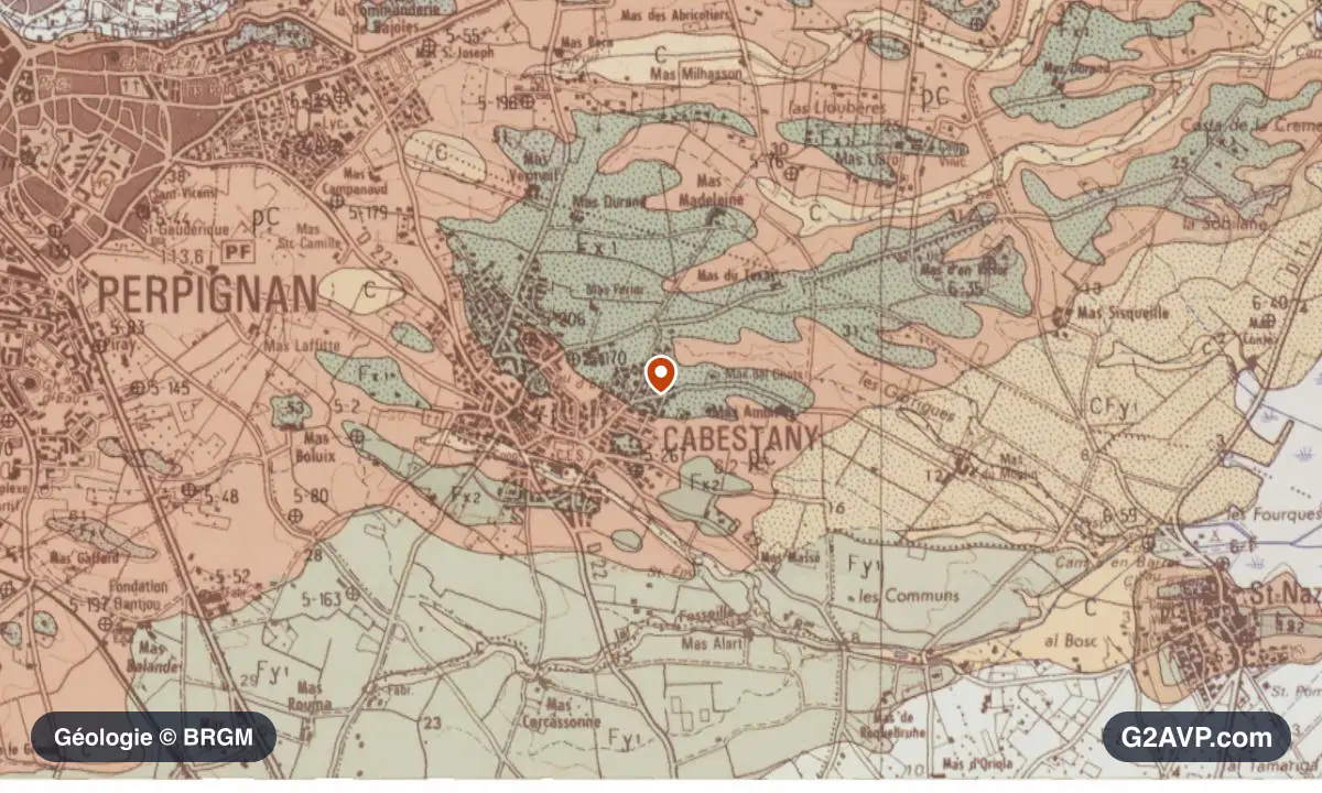 Carte géologique BRGM au 1/50 000 du secteur de Cabestany : argiles en formations dominantes, repère au centre de la commune