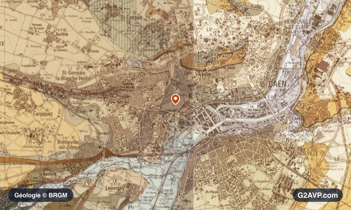 Carte géologique BRGM au 1/50 000 du secteur de Caen : calcaires, marnes et gypse en formations dominantes, repère au centre de la commune