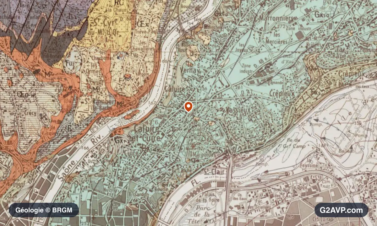 Carte géologique BRGM au 1/50 000 du secteur de Caluire-et-Cuire : sables en formations dominantes, repère au centre de la commune