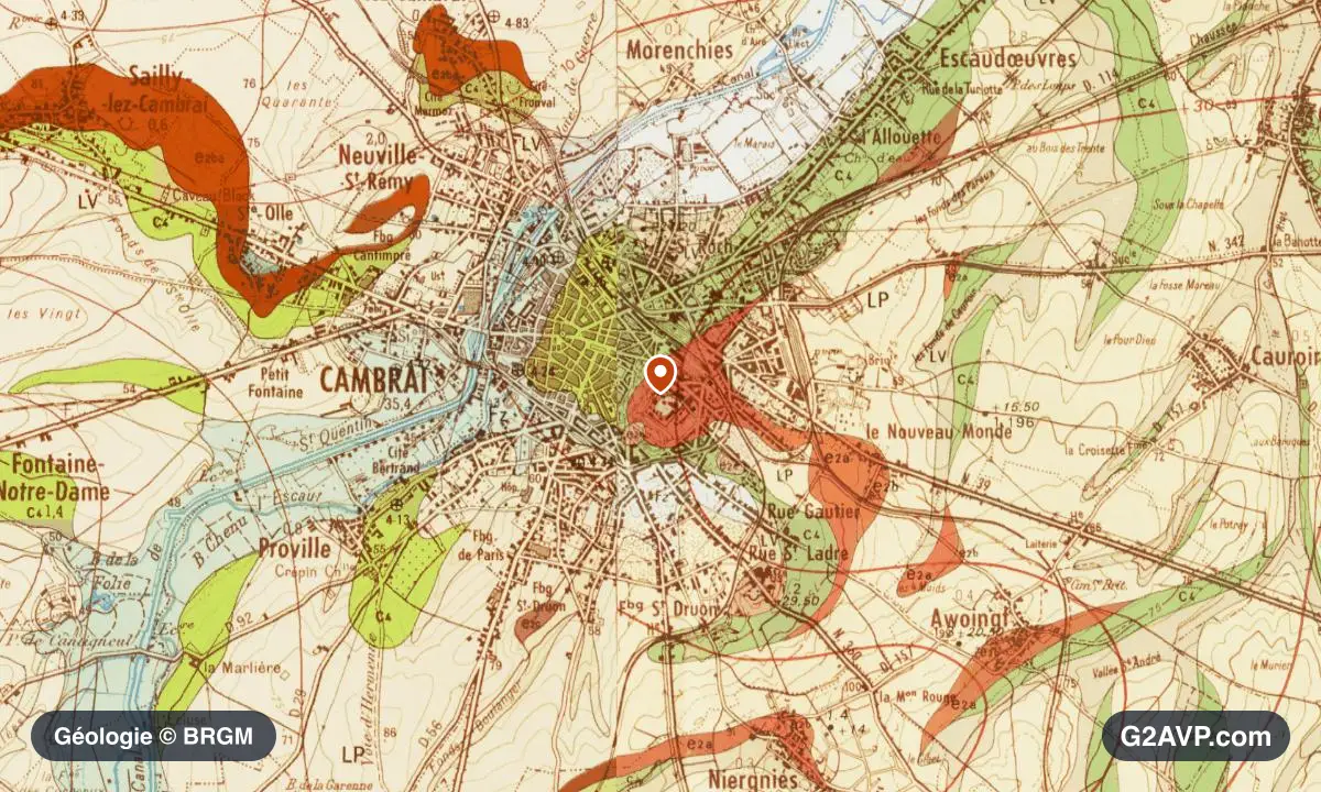 Carte géologique BRGM au 1/50 000 du secteur de Cambrai : craie en formations dominantes, repère au centre de la commune
