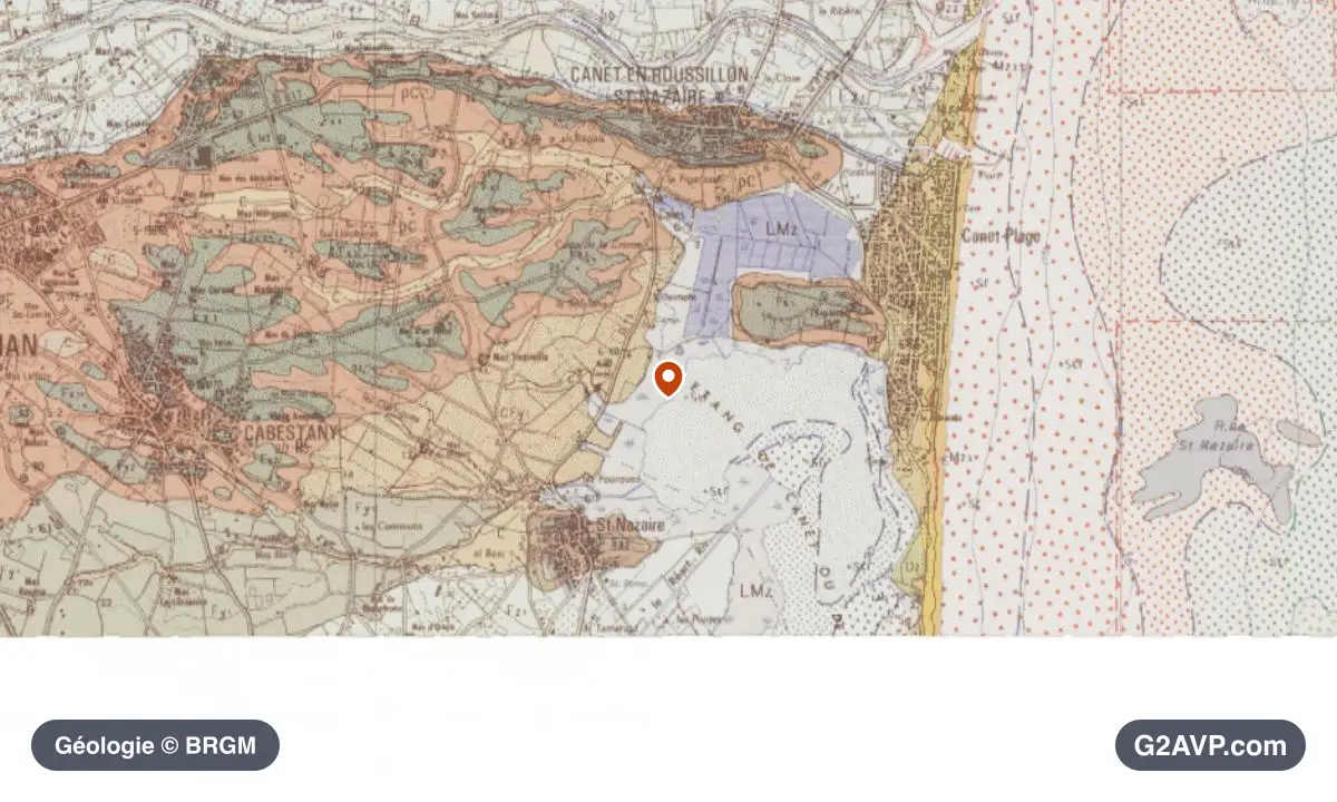 Carte géologique BRGM au 1/50 000 du secteur de Canet-en-Roussillon : sables en formations dominantes, repère au centre de la commune