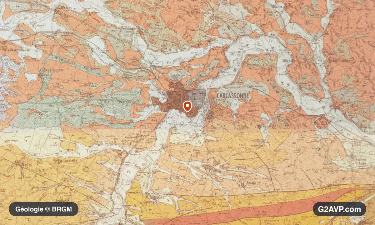 Carte géologique BRGM au 1/50 000 du secteur de Carcassonne : argiles en formations dominantes, repère au centre de la commune