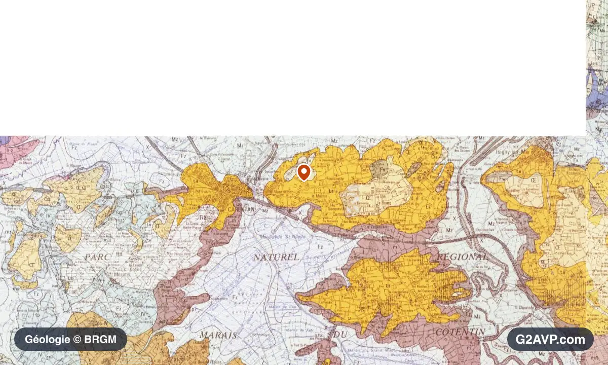 Carte géologique BRGM au 1/50 000 du secteur de Carentan-les-Marais : sables en formations dominantes, repère au centre de la commune