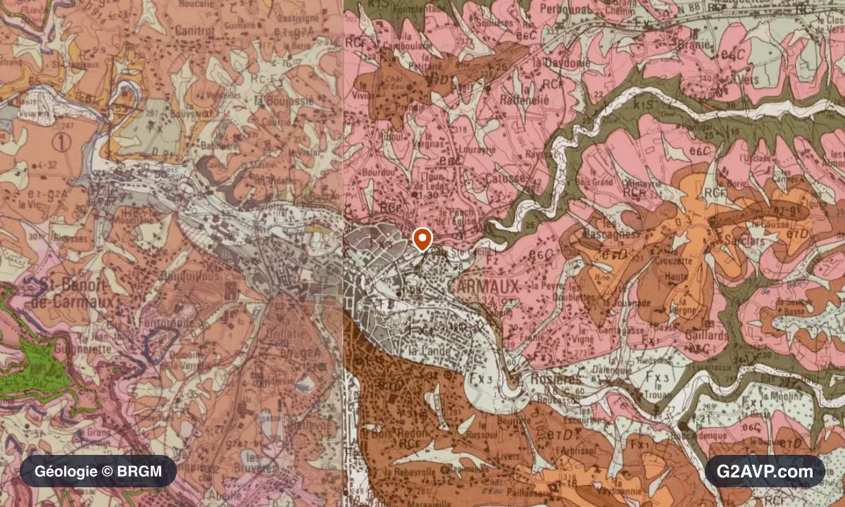 Carte géologique BRGM au 1/50 000 du secteur de Carmaux : argiles en formations dominantes, repère au centre de la commune