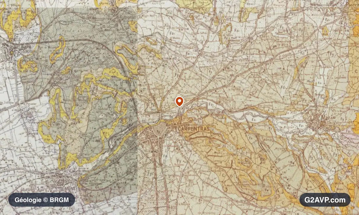 Carte géologique BRGM au 1/50 000 du secteur de Carpentras : argiles en formations dominantes, repère au centre de la commune
