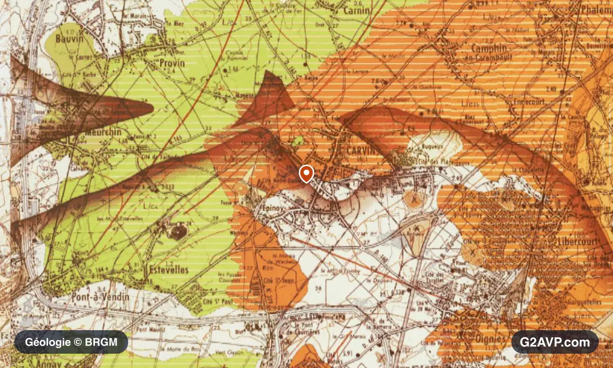 Carte géologique BRGM au 1/50 000 du secteur de Carvin : argiles en formations dominantes, repère au centre de la commune