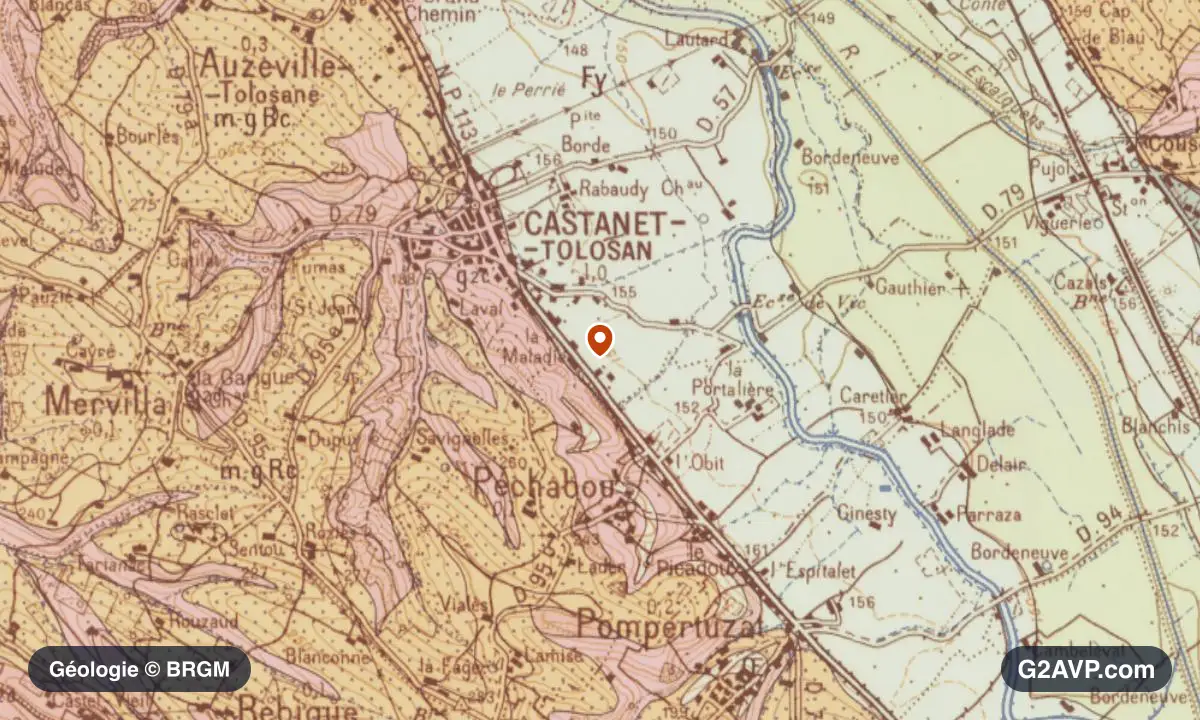 Carte géologique BRGM au 1/50 000 du secteur de Castanet-Tolosan : argiles en formations dominantes, repère au centre de la commune