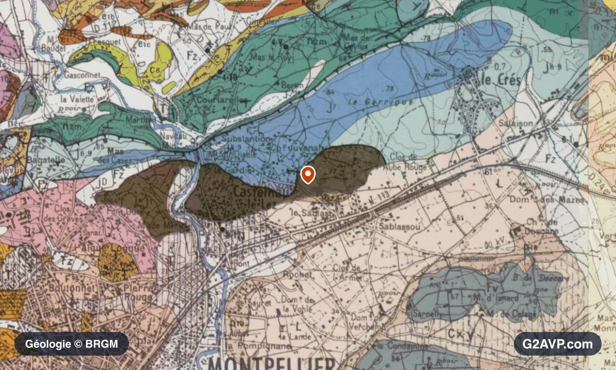 Carte géologique BRGM au 1/50 000 du secteur de Castelnau-le-Lez : calcaires, marnes et gypse en formations dominantes, repère au centre de la commune