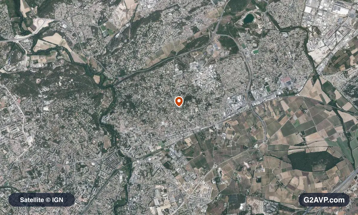Vue satellite (orthophoto IGN) du secteur de Castelnau-le-Lez, même emprise que la carte géologique