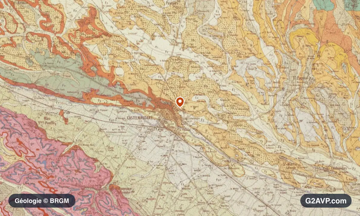 Carte géologique BRGM au 1/50 000 du secteur de Castelnaudary : argiles en formations dominantes, repère au centre de la commune