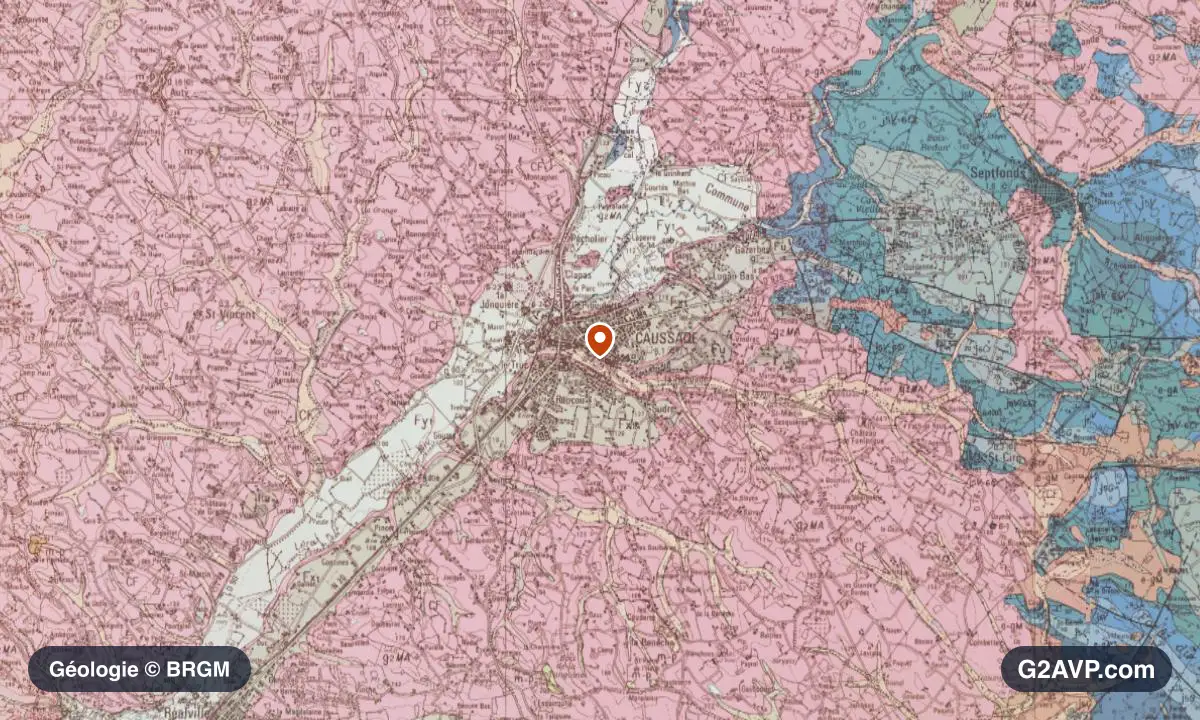 Carte géologique BRGM au 1/50 000 du secteur de Caussade : argiles en formations dominantes, repère au centre de la commune