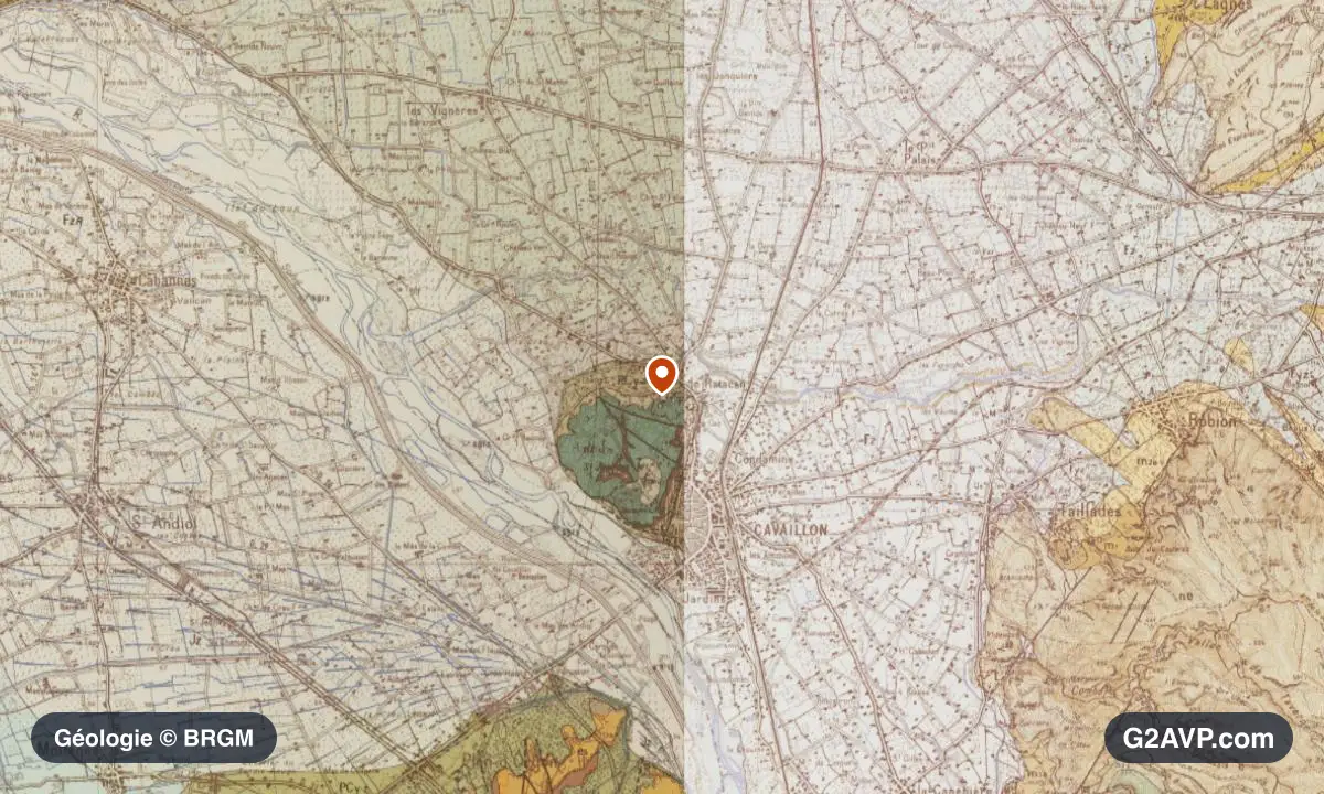 Carte géologique BRGM au 1/50 000 du secteur de Cavaillon : sables en formations dominantes, repère au centre de la commune