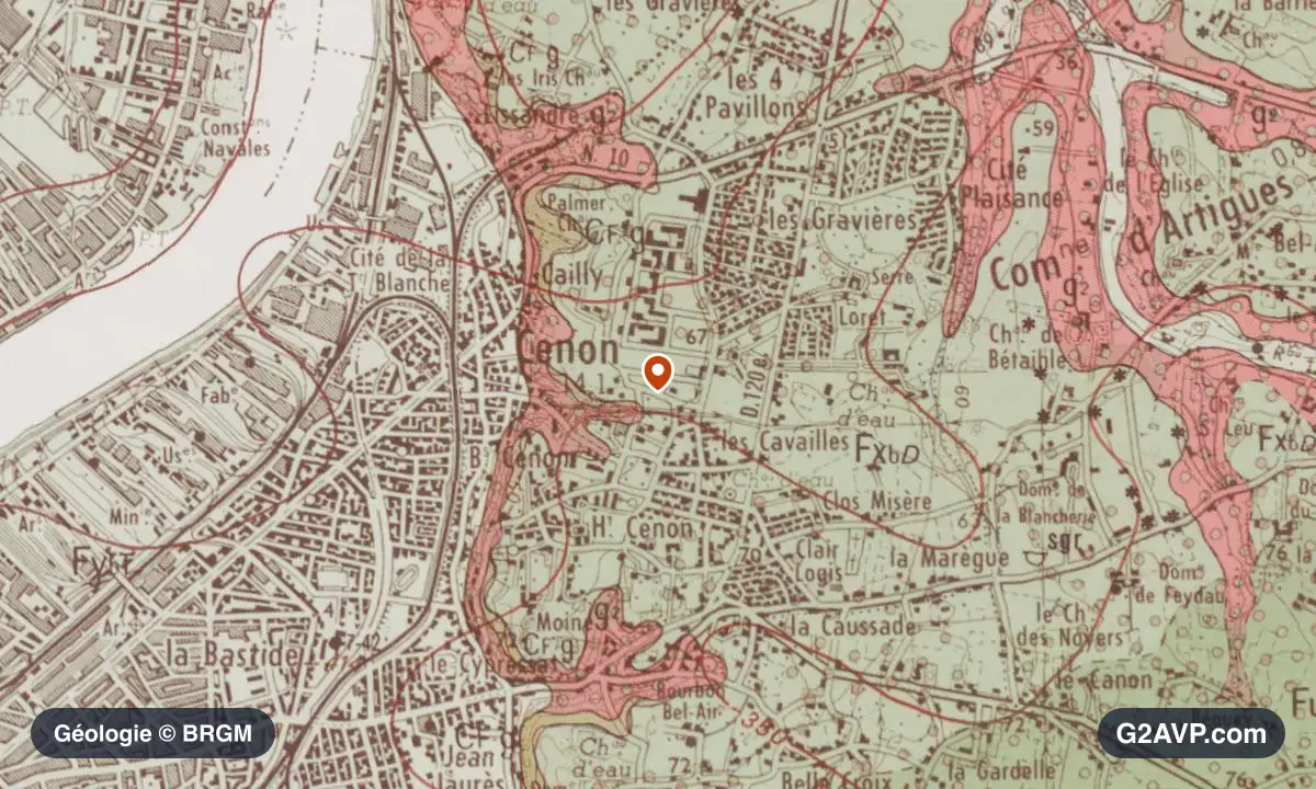 Carte géologique BRGM au 1/50 000 du secteur de Cenon : sables en formations dominantes, repère au centre de la commune