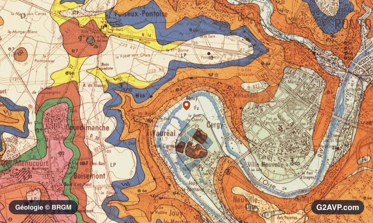 Carte géologique BRGM au 1/50 000 du secteur de Cergy : calcaires, marnes et gypse en formations dominantes, repère au centre de la commune