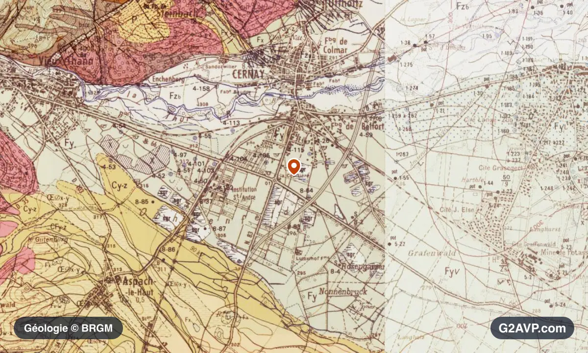 Carte géologique BRGM au 1/50 000 du secteur de Cernay : sables en formations dominantes, repère au centre de la commune