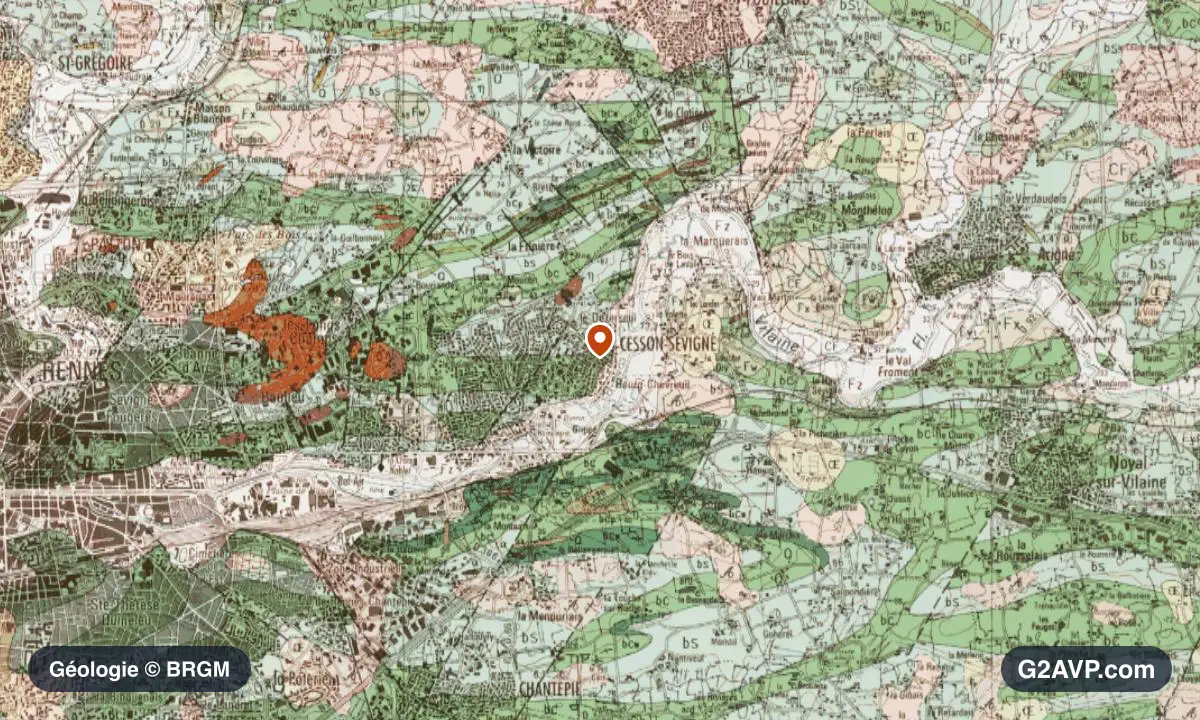 Carte géologique BRGM au 1/50 000 du secteur de Cesson-Sévigné : schistes et grès en formations dominantes, repère au centre de la commune