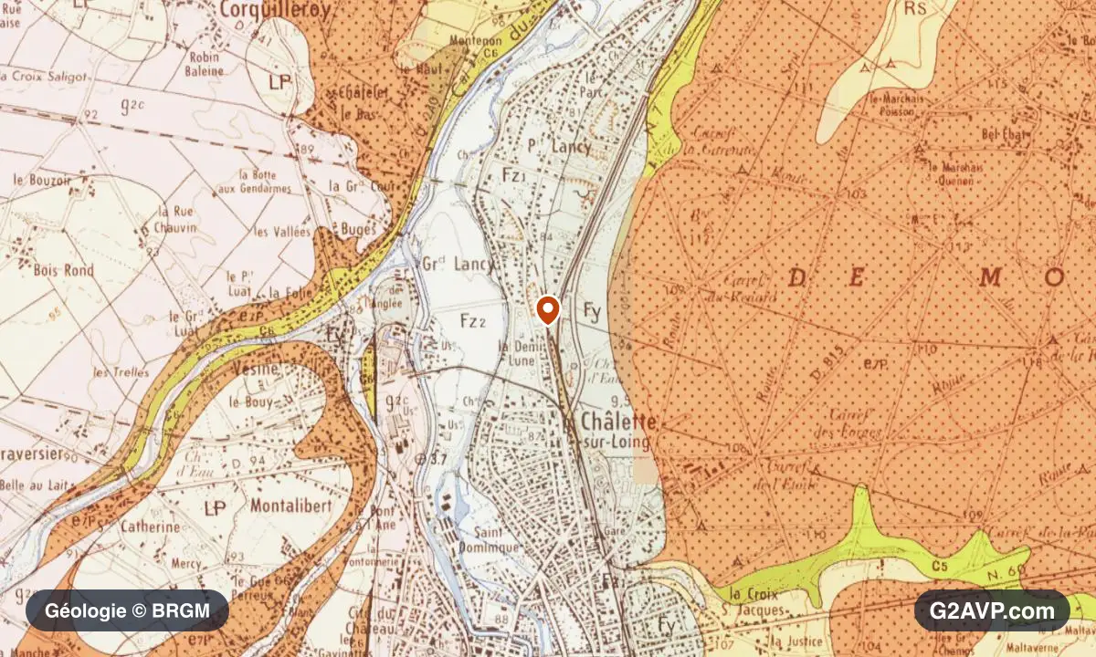 Carte géologique BRGM au 1/50 000 du secteur de Châlette-sur-Loing : calcaires, marnes et gypse en formations dominantes, repère au centre de la commune
