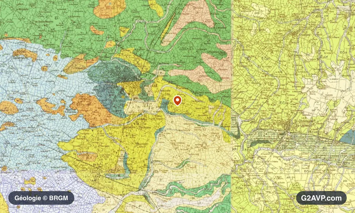 Carte géologique BRGM au 1/50 000 du secteur de Challans : sables en formations dominantes, repère au centre de la commune
