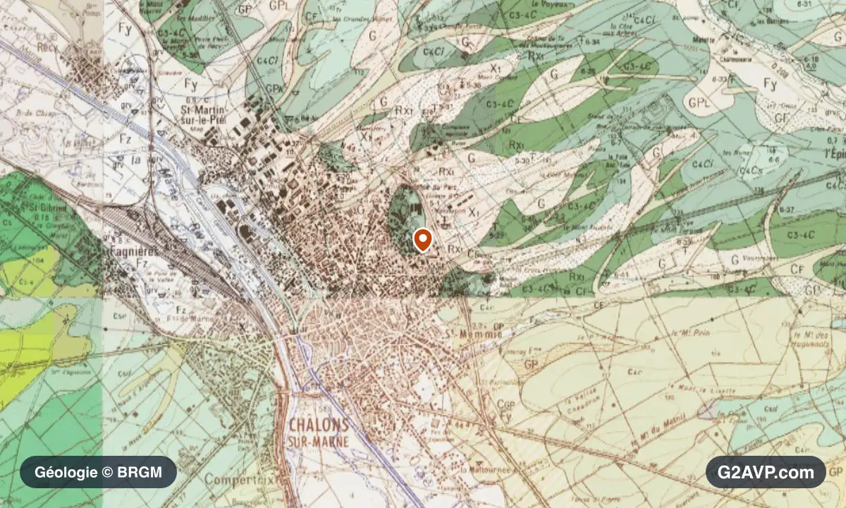 Carte géologique BRGM au 1/50 000 du secteur de Châlons-en-Champagne : craie en formations dominantes, repère au centre de la commune
