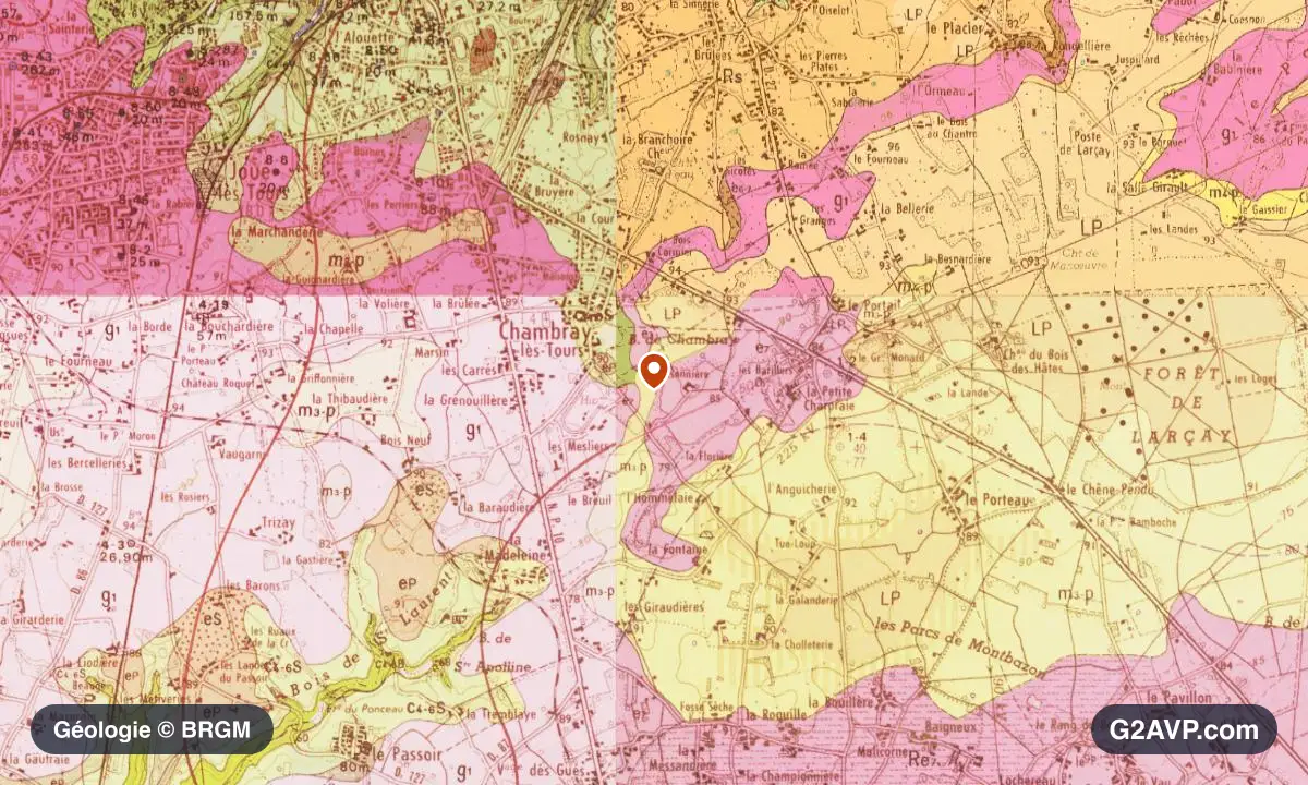 Carte géologique BRGM au 1/50 000 du secteur de Chambray-lès-Tours : argiles en formations dominantes, repère au centre de la commune