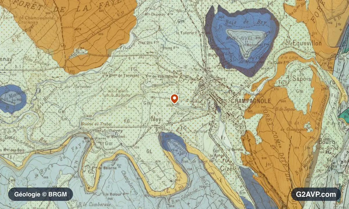 Carte géologique BRGM au 1/50 000 du secteur de Champagnole : calcaires, marnes et gypse en formations dominantes, repère au centre de la commune