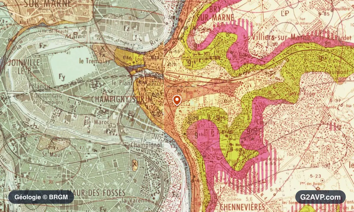 Carte géologique BRGM au 1/50 000 du secteur de Champigny-sur-Marne : calcaires, marnes et gypse en formations dominantes, repère au centre de la commune