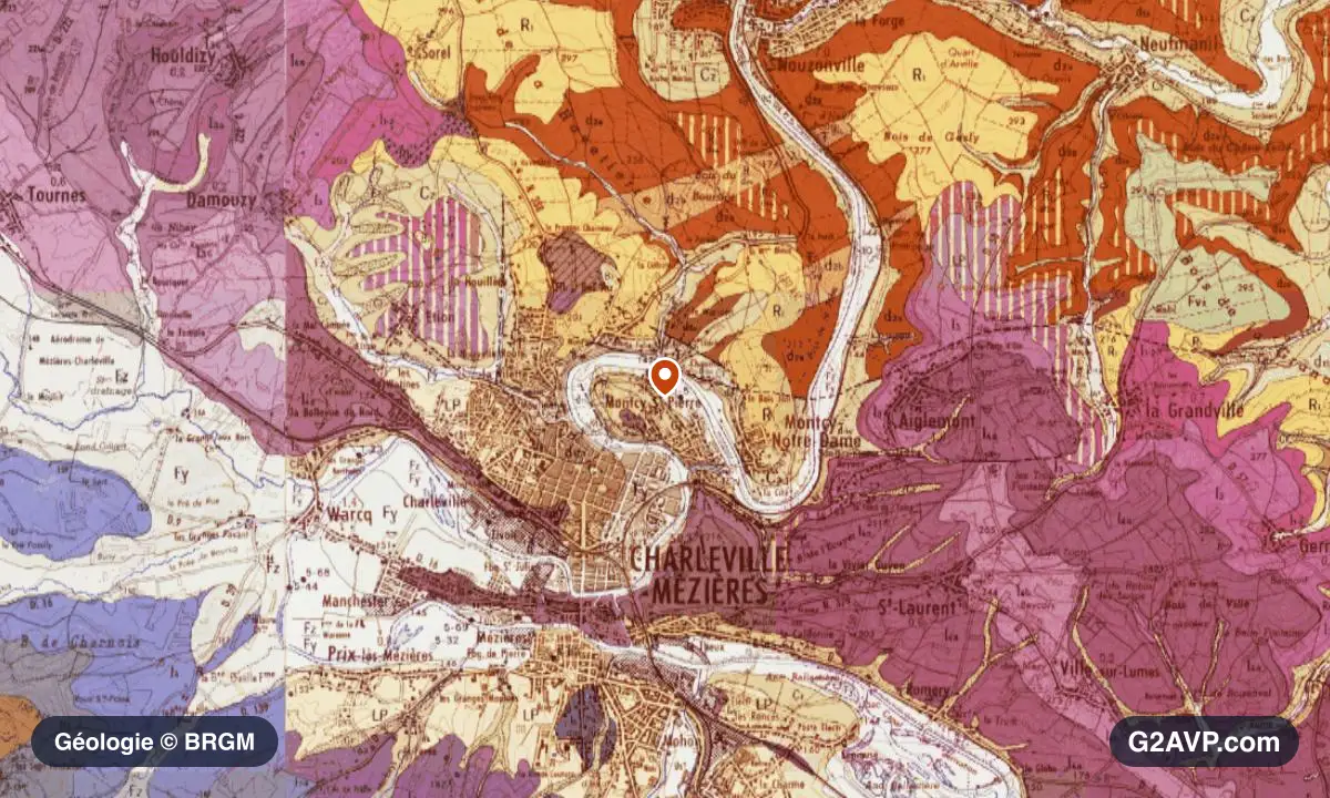 Carte géologique BRGM au 1/50 000 du secteur de Charleville-Mézières : sables en formations dominantes, repère au centre de la commune