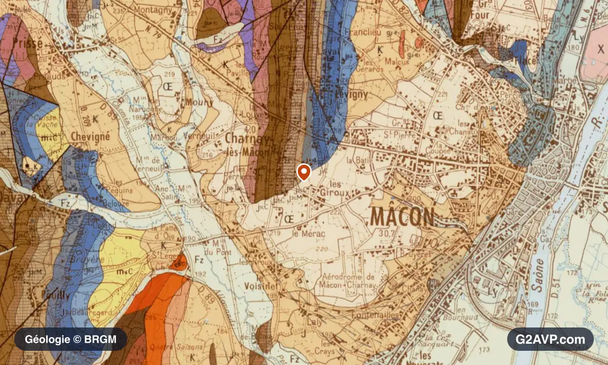 Carte géologique BRGM au 1/50 000 du secteur de Charnay-lès-Mâcon : argiles en formations dominantes, repère au centre de la commune