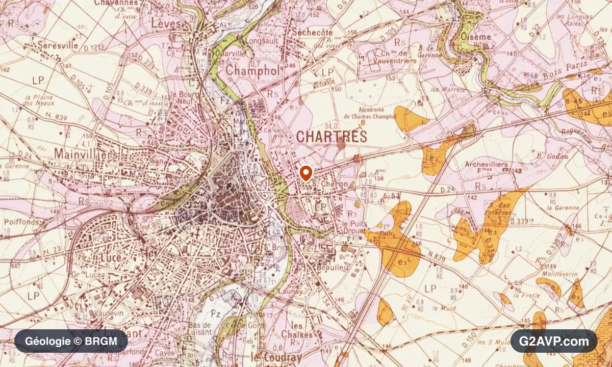 Carte géologique BRGM au 1/50 000 du secteur de Chartres : argiles en formations dominantes, repère au centre de la commune