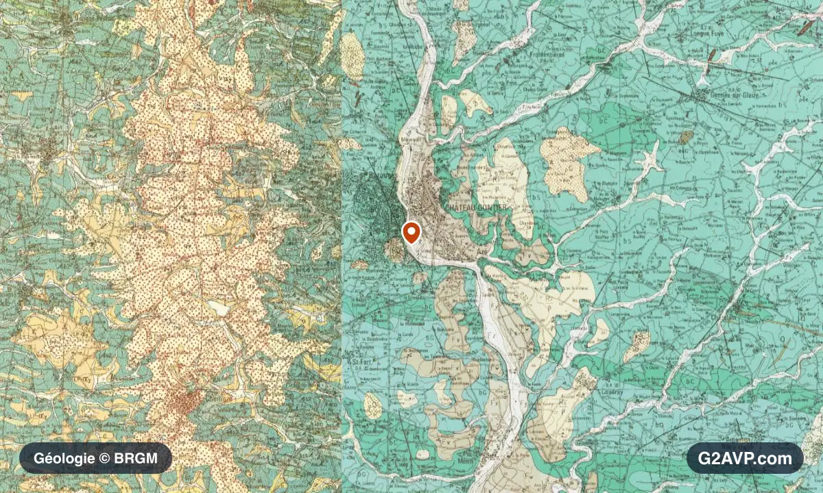 Carte géologique BRGM au 1/50 000 du secteur de Château-Gontier-sur-Mayenne : schistes et grès en formations dominantes, repère au centre de la commune
