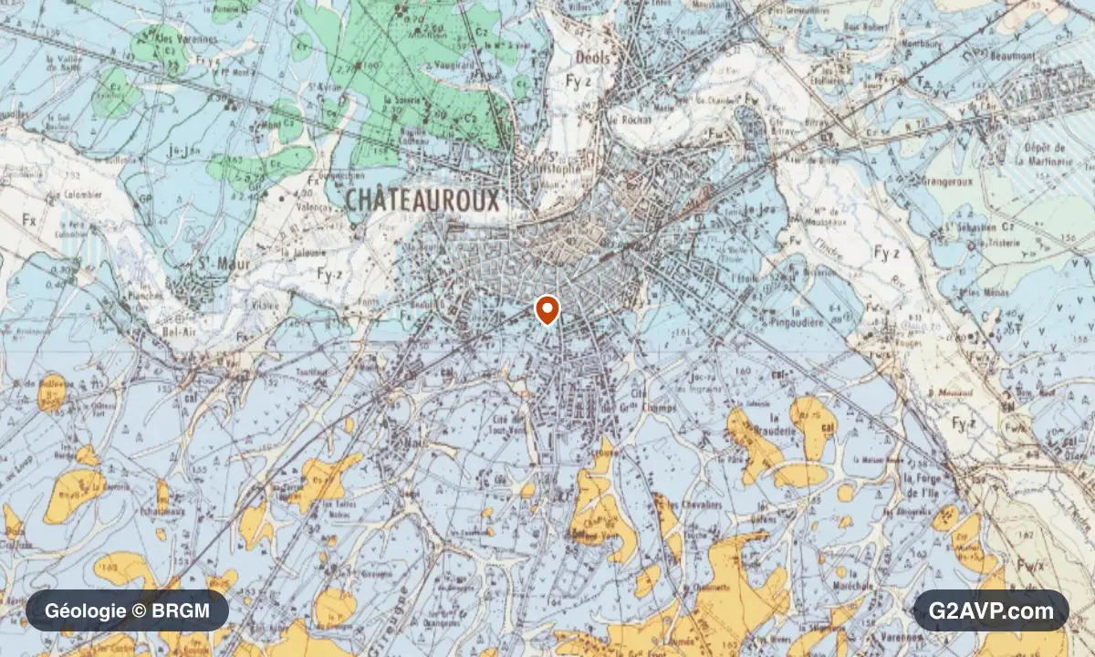 Carte géologique BRGM au 1/50 000 du secteur de Châteauroux : calcaires, marnes et gypse en formations dominantes, repère au centre de la commune