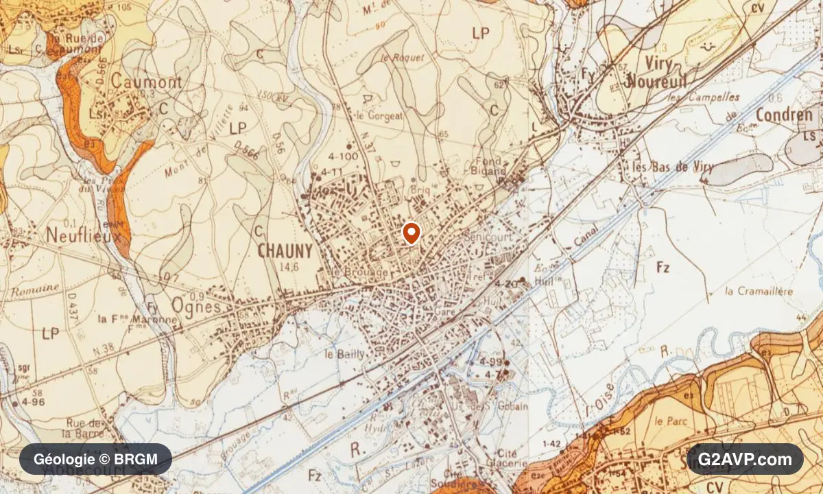 Carte géologique BRGM au 1/50 000 du secteur de Chauny : sables en formations dominantes, repère au centre de la commune