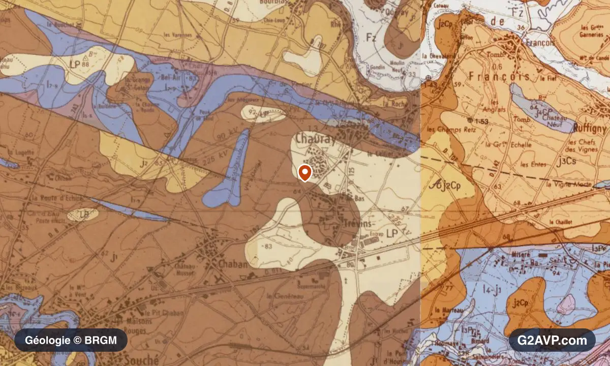 Carte géologique BRGM au 1/50 000 du secteur de Chauray : calcaires, marnes et gypse en formations dominantes, repère au centre de la commune