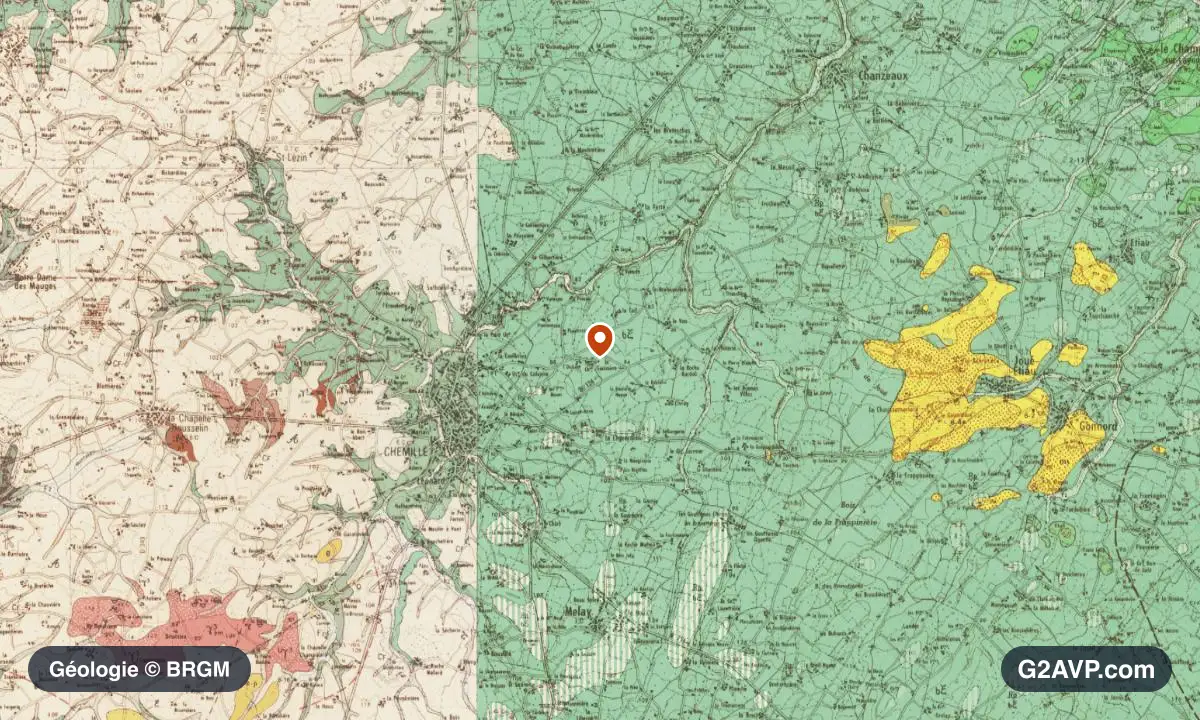 Carte géologique BRGM au 1/50 000 du secteur de Chemillé-en-Anjou : basaltes et rhyolites en formations dominantes, repère au centre de la commune