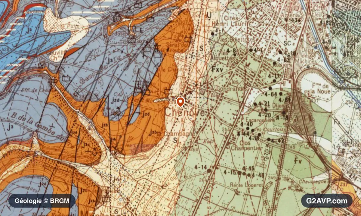 Carte géologique BRGM au 1/50 000 du secteur de Chenôve : argiles en formations dominantes, repère au centre de la commune