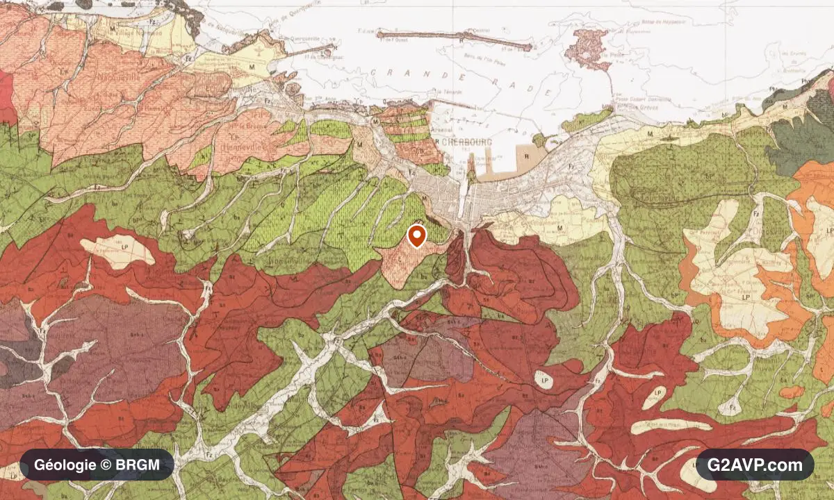 Carte géologique BRGM au 1/50 000 du secteur de Cherbourg-en-Cotentin : schistes et grès en formations dominantes, repère au centre de la commune